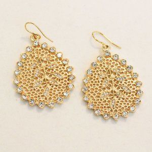 14k Gold Plated Crystal Vine Leaf Filigree Teardrop Earrings